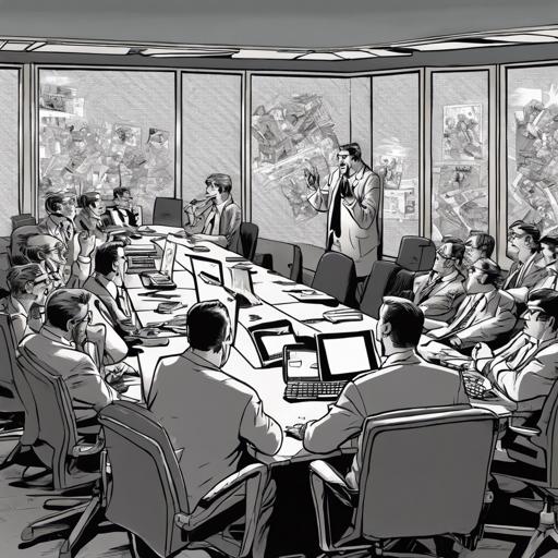 Generated image: "A man barking orders at a bunch of computer programs sitting at the other side of a boardroom"