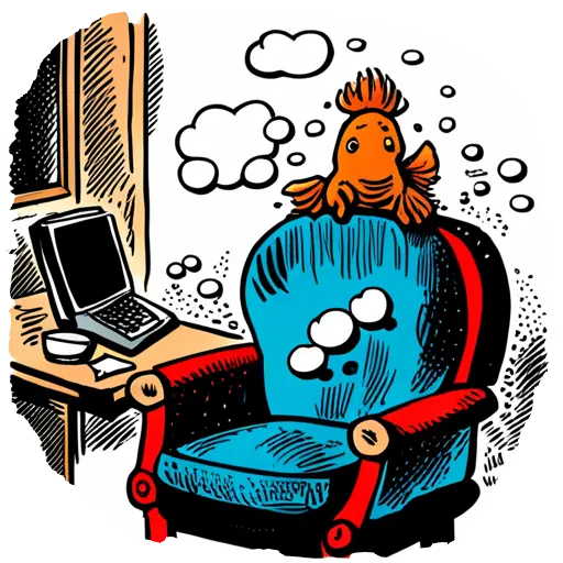 A goldfish leaning back in his chair thinking hard about his work. Thought bubbles.