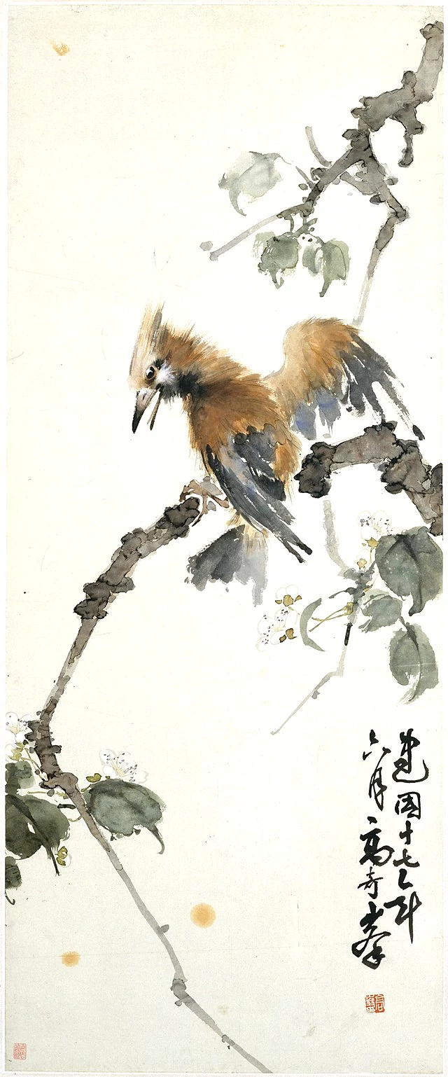Japanese watercolor of a bird on a branch
