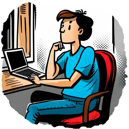 A software developer leaning back in his chair thinking hard about his work. Thought bubbles, casual clothing, brown hair.